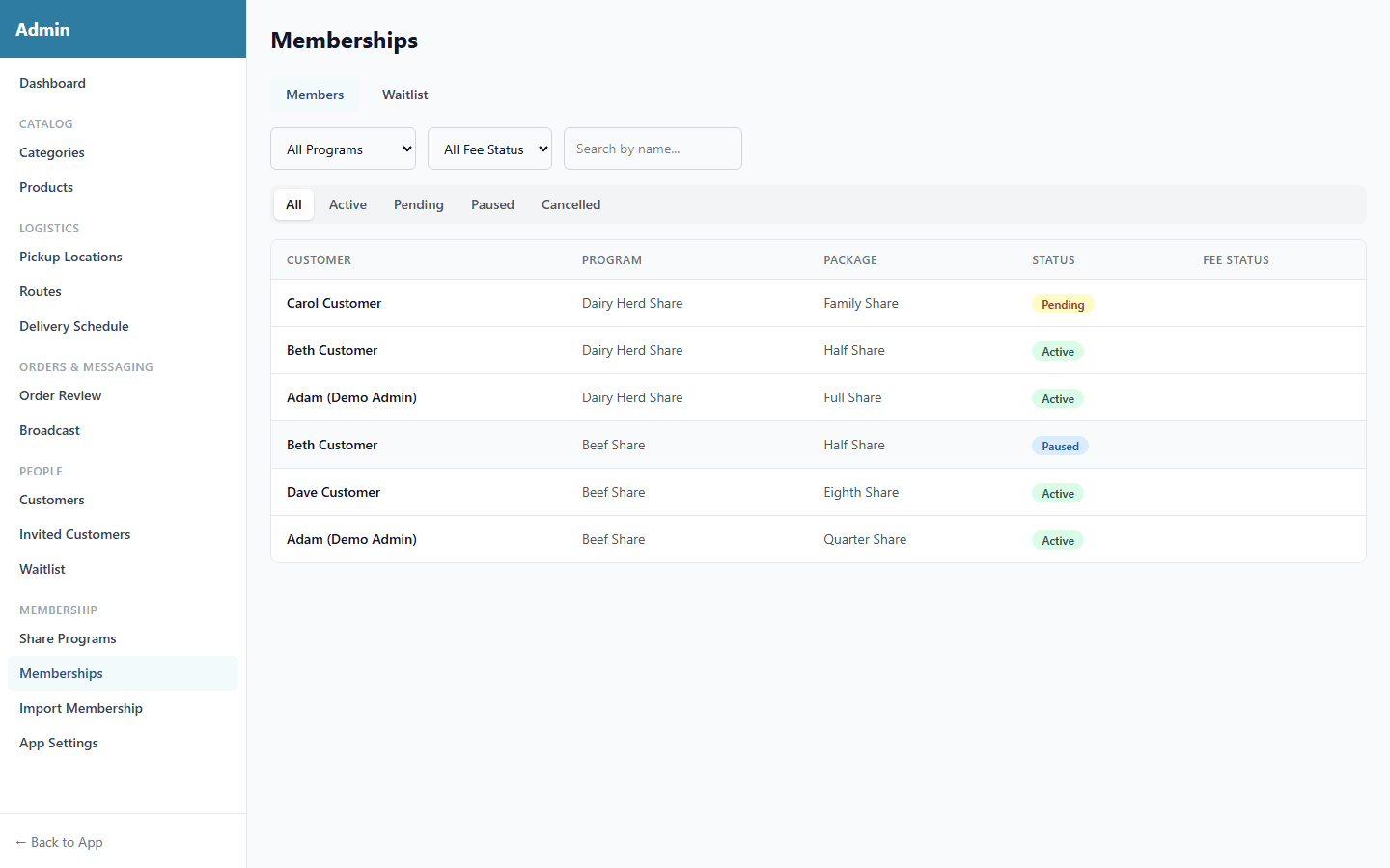 Admin herd share memberships dashboard showing active members, statuses, and share allocations