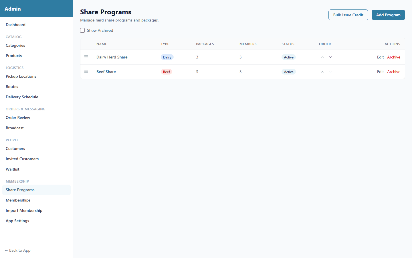 Admin share programs management showing dairy, beef, and goat share configurations with pricing and capacity
