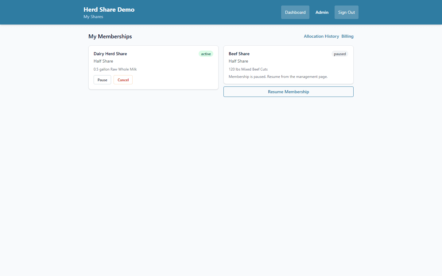 Customer view showing their active share memberships, upcoming allocations, and pickup schedule