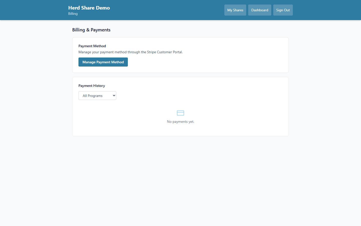 Customer billing portal showing recurring boarding fee charges, payment method management, and receipt history