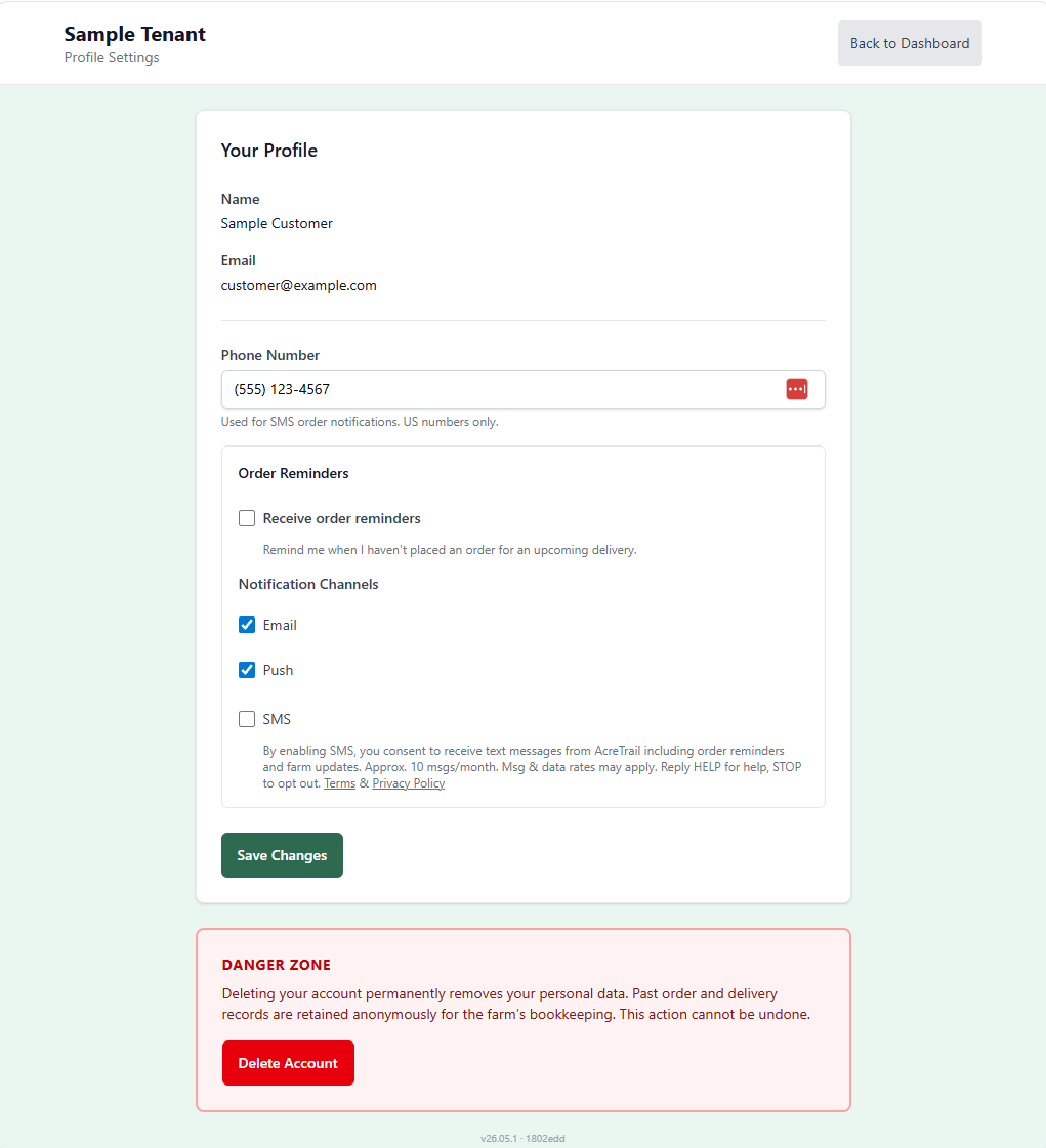 AcreTrail customer Profile page showing the SMS opt-in checkbox and consent disclosure