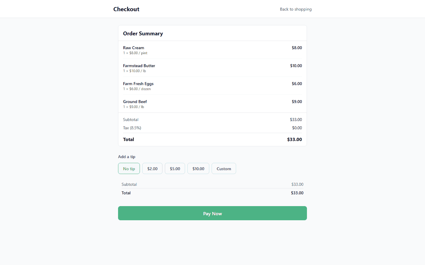 Checkout page with order summary, line items with prices, subtotal and tax breakdown, tip options, and Pay Now button