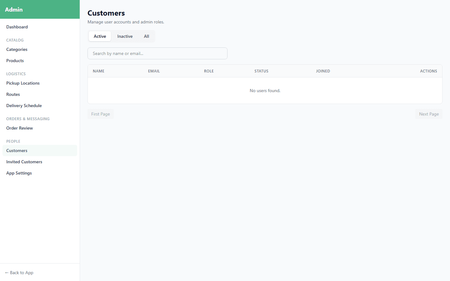 Admin customer management page with search bar and user table showing name, email, role, join date, and actions columns
