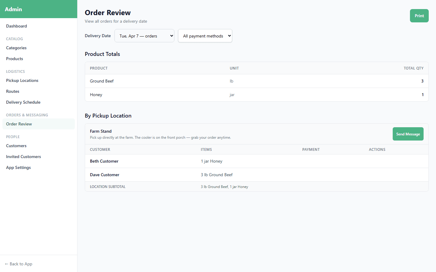 Admin order review page with delivery date selector, product totals section, and breakdown by pickup location