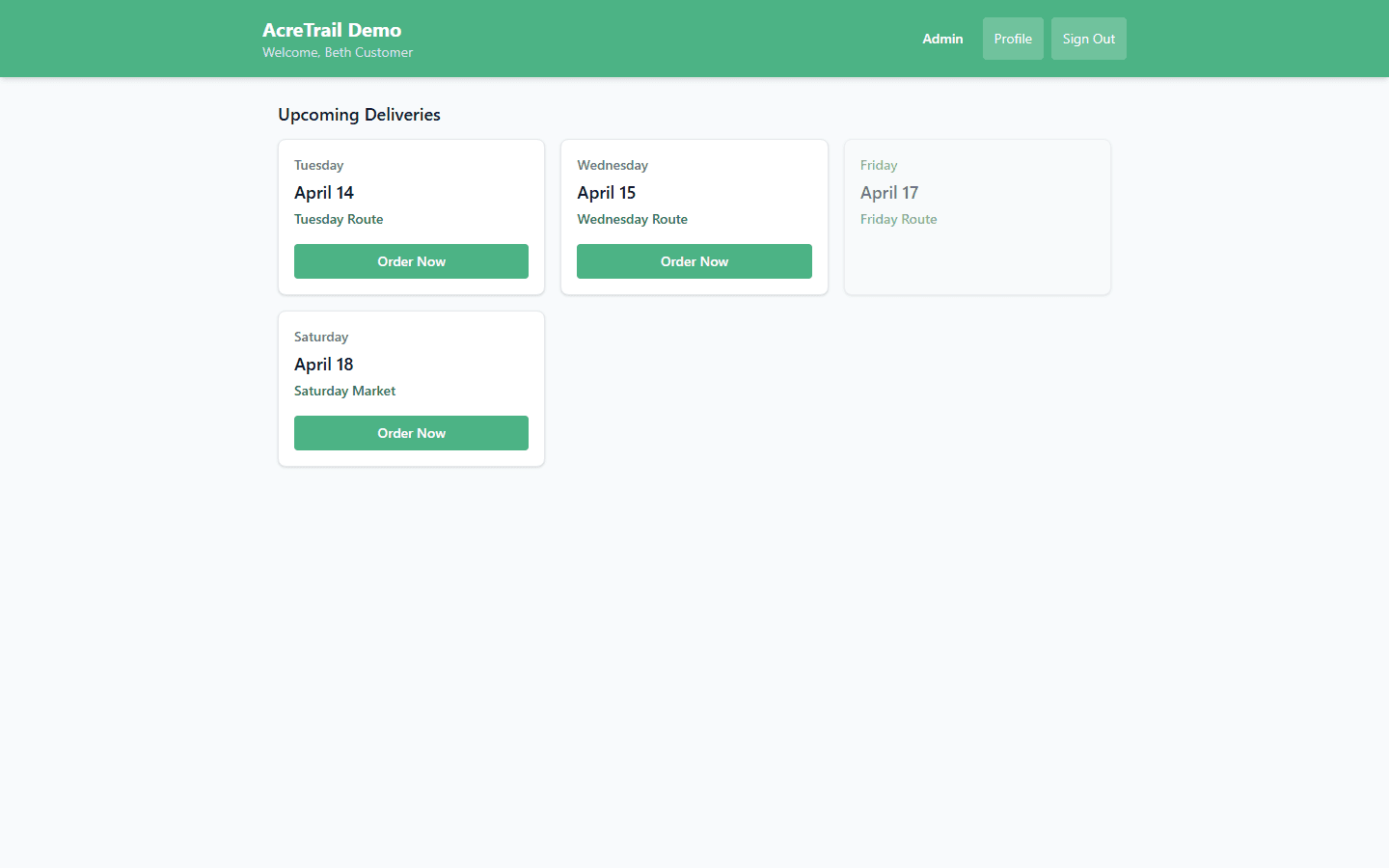 Customer order flow showing product catalog with categories, product cards with images and prices, and a shopping cart with items and checkout button