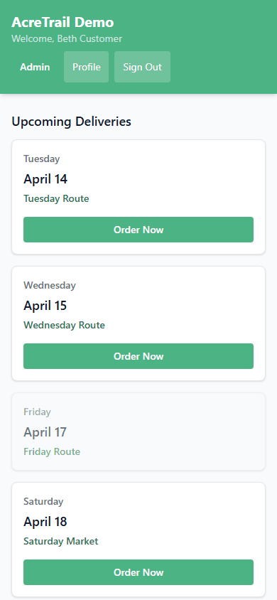 Mobile order view with Copy Previous Order button, product categories, and checkout bar showing cart total