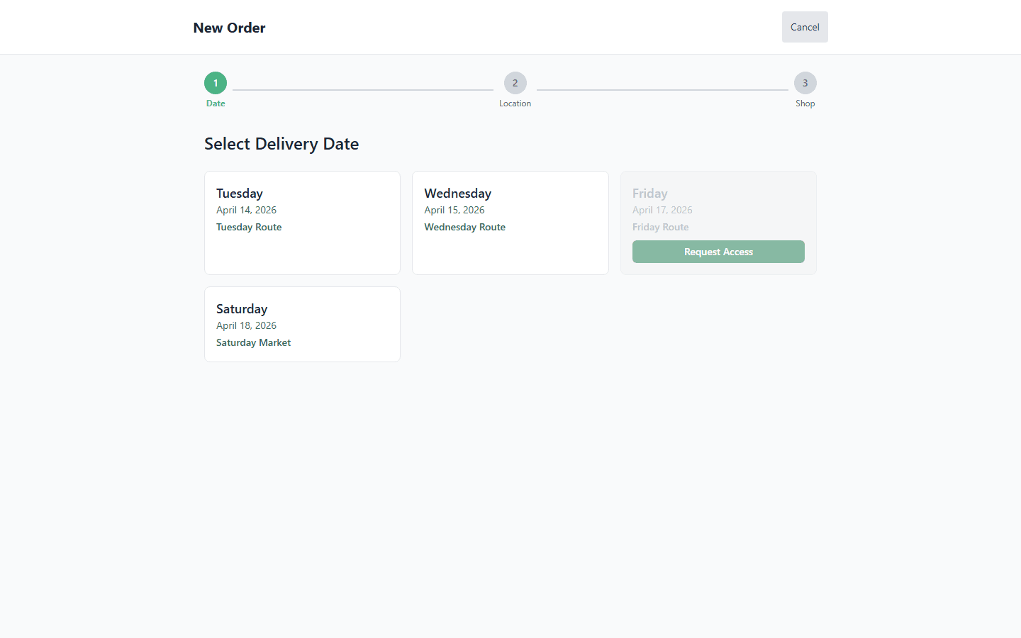 Customer dashboard showing upcoming deliveries with Ordering Closed buttons for past dates and Order Now buttons for available dates