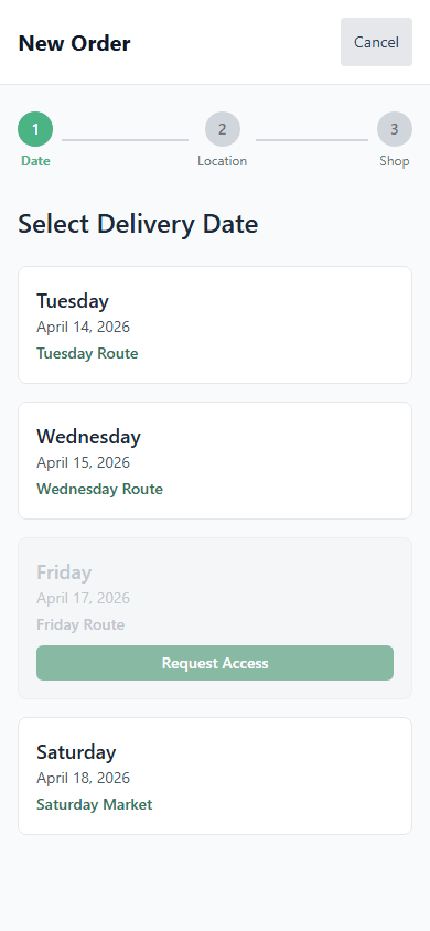 Mobile app showing product shop with categories, product cards, and checkout bar
